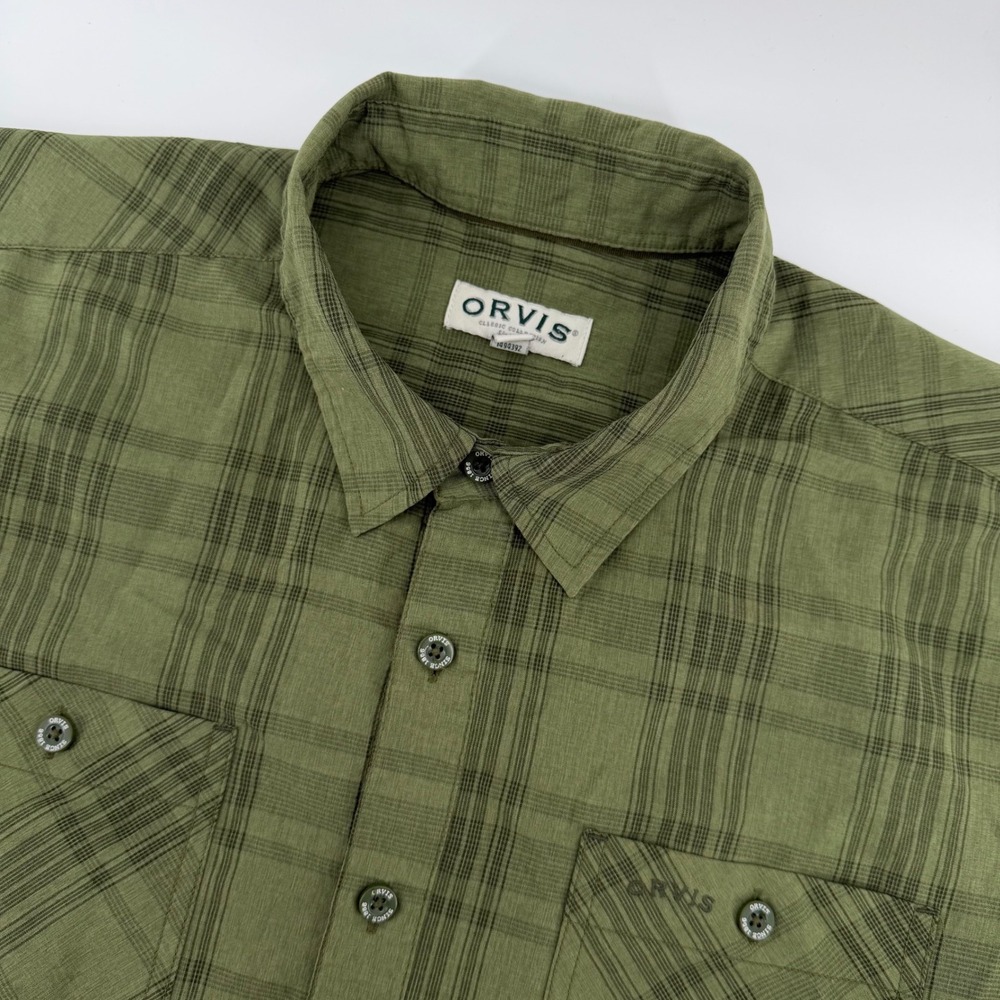 Orvis Shirt Mens XL Green Plaid Short Sleeve Button Down Utility Lens Cleaner